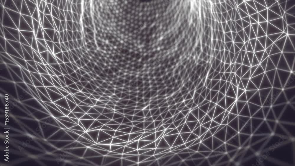 Monochrome digital mesh tunnel with glowing white triangle wireframes forming a dynamic data grid structure