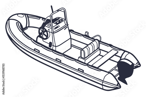 Detailed Line Art Depiction of a Rigid Inflatable Boat Offering a Clear and Technical Representation for Nautical Enthusiasts