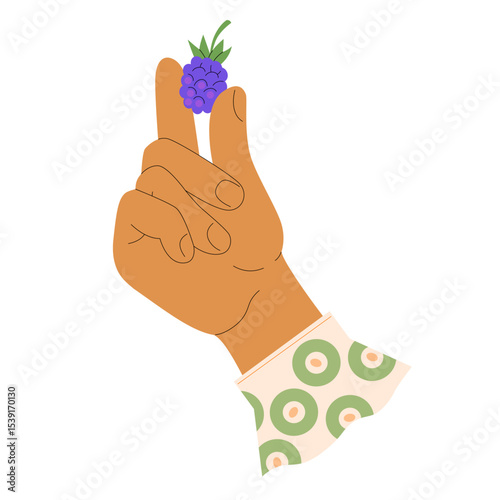 Woman's hand in shirt cuff holds ripe juicy blackberry. Vector cute illustration for berry jam label design, pie recipe, growing, caring for plants and bushes in garden, harvesting.