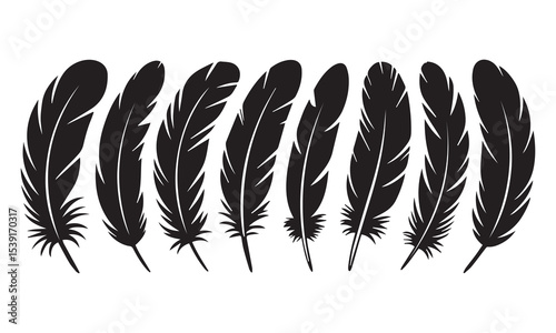Collection of eight black feather silhouettes