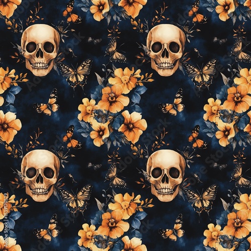skull and crossbones Human skull, yellow flower, butterfly, watercolor, fabric pattern, seamless fabric, mint green background