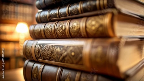 Stack of leather bound old books with golden ornaments in a library environment, academic and historical collection