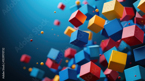Colorful cubes floating in dynamic perspective against deep gradient background, creating vibrant and playful atmosphere
