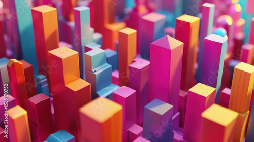Colorful abstract cityscape with vibrant geometric shapes and structures, creating lively and dynamic illusion of modern urban environment