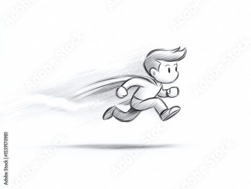Dynamic sketch of a cartoon character running with speed lines, conveying energy, momentum, and forward motion. Perfect for illustrating determination, progress, or quick action.