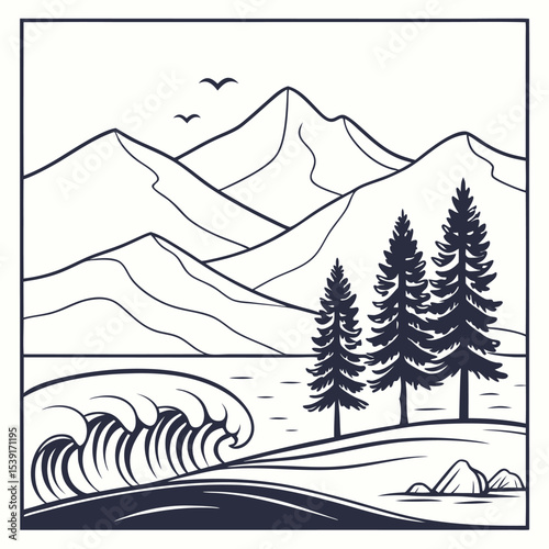 Dark Blue Line Art Mountain Lake Scene Three Pine Trees Ocean Wave Birds mountains