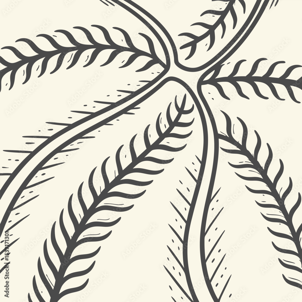 Fototapeta premium Dark Gray Fern Frond Pattern on Off White Background Hand Drawn Botanical Illustration Natural