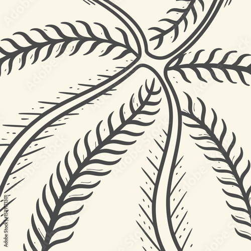 Dark Gray Fern Frond Pattern on Off White Background Hand Drawn Botanical Illustration Natural