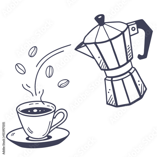Dark Gray Moka Pot Pouring Coffee into Cup with Coffee Beans Flying Illustration