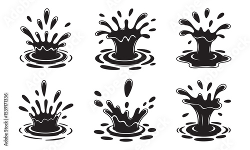 Six black and white water splash illustrations