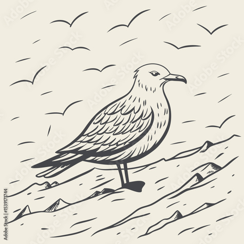 Hand Drawn Seagull on Rocky Seascape with Flying Birds Beige Background Ink Sketch Illustration