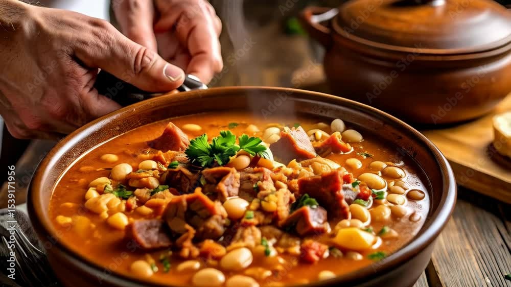 Hot hearty stew containing beans, meat, vegetables and parsley is lifted by hands on a rustic wooden table near cooking pot