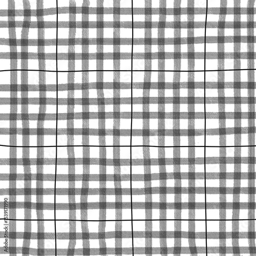 Black Plaid Gingham Madras Check Hand Drawn Background Pattern Overlay