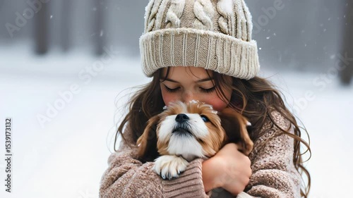 Portrait of a cute kind girl hugging and kissing her puppy. Love for a pet.