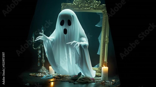 a ghost eerily flies out of a mirror