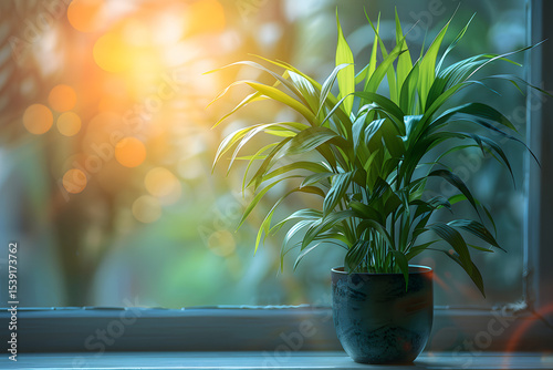 Lush green parlor palm in a dark pot, basking in the warm glow of a sunlit window