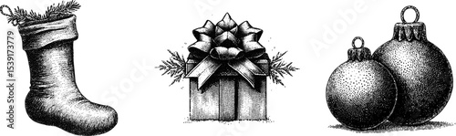 Vintage christmas illustration vector set with ball, stocking and gift for holiday design