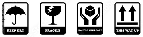 Shipping handling symbols fragile keep dry handle with care packaging safety information guide labels on white background. Shipping symbols for packaging