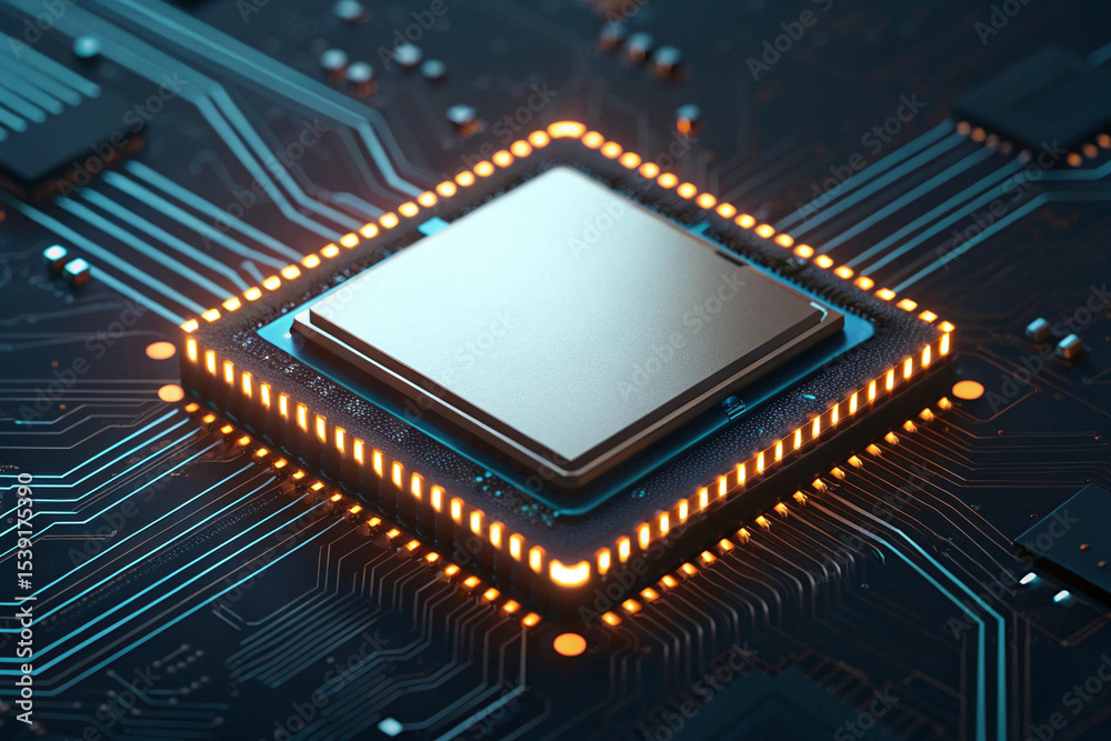 Fototapeta premium Illuminated Central Processing Unit (CPU) on Motherboard Close-Up