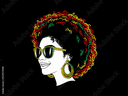 afro hair girl silhouette, afro girl face silhouette, black girl woman wearing sunglasses, girl smiling, juneteenth vector