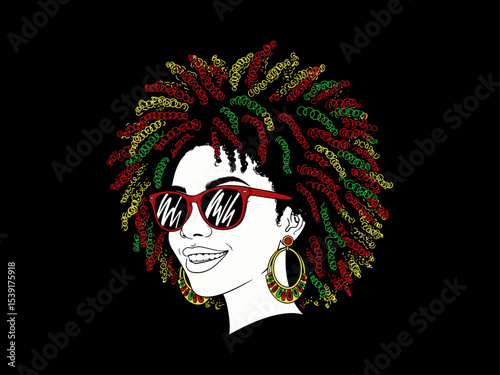 afro hair girl silhouette, afro girl face silhouette, black girl woman wearing sunglasses, girl smiling, juneteenth vector