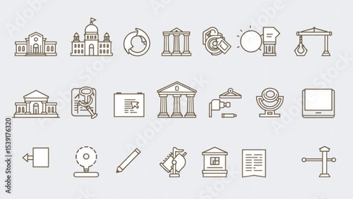 Line art illustration featuring buildings, tools and various other objects in a simple style created with generated ai