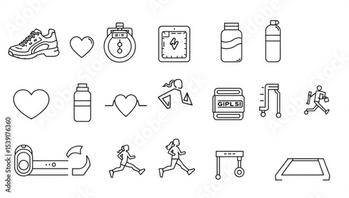 Outline drawing showcasing fitness and running related items and activities in a simple style created with generated ai