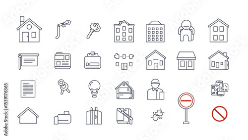 Collection of outline icons representing real estate, construction, and related services and objects created with generated ai