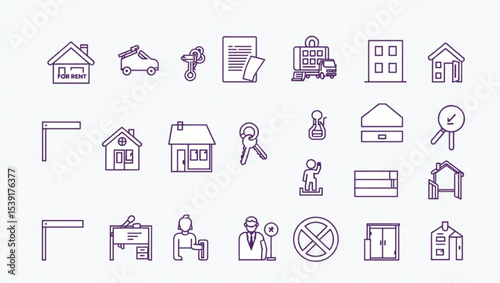 Line art icons depicting real estate, moving, and property management services and related concepts created with generated ai