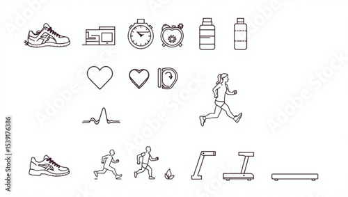 Line art illustration showing running shoes, treadmill, and other fitness related symbols and icons created with generated ai