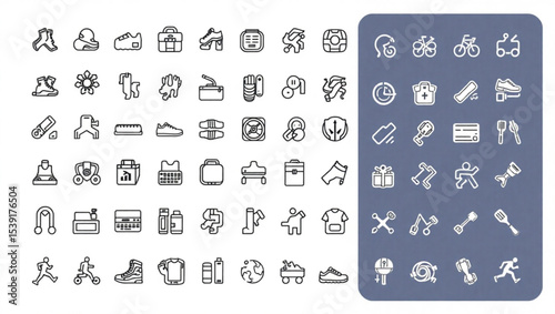 Collection of various outline icons depicting sports travel and everyday objects in a grid format created with generated ai