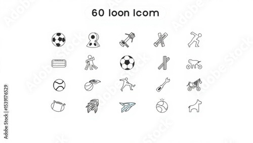 Collection of various line art icons including sports equipment tools animals and human figures displayed created with generated ai