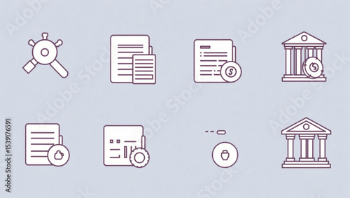 Illustration of financial icons including documents, bank buildings, and security search tool icon created with generated ai