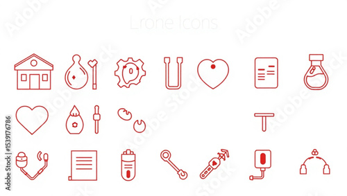Outline drawing of medical and scientific icons including heart, lab, and stethoscope elements in red created with generated ai