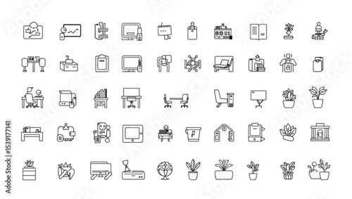Line art illustration featuring a variety of office furniture and decor elements in a minimalist style created with generated ai