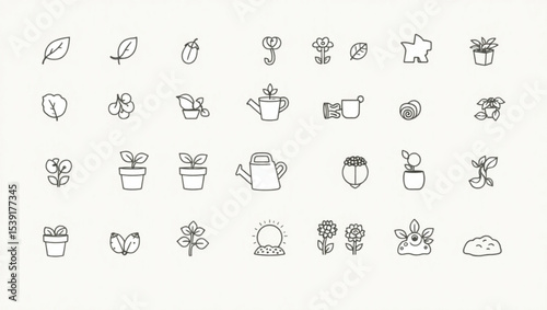Collection of line art illustrations depicting various plants flowers and gardening related elements in simple style created with generated ai