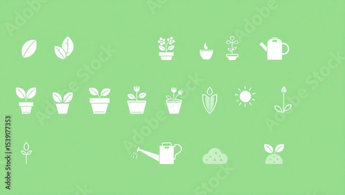 Illustration showing various stages of plant growth and gardening tools on a light green background created with generated ai