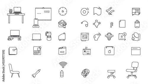 Outline icons depicting office equipment and supplies arranged in a grid like presentation created with generated ai
