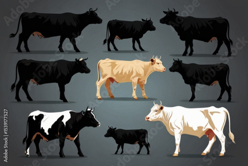 Illustration showcasing a variety of cows in different colors and positions on a neutral background created with generated ai