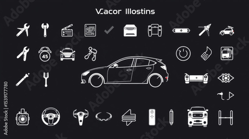 Illustration of car parts tools and accessories in white outline on a black background vector illustration created with generated ai