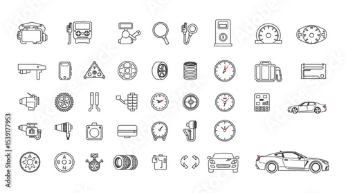 Collection of automotive related icons including engine parts, gauges, and car silhouettes in outline style created with generated ai