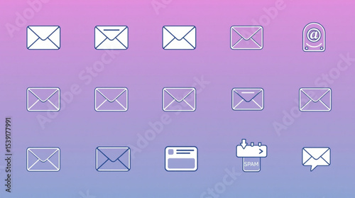 Collection of email icons with envelope and spam symbols on a gradient purple and blue background design created with generated ai