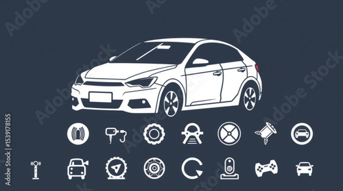Illustration of a white car with various automotive related icons on a dark blue background design style created with generated ai