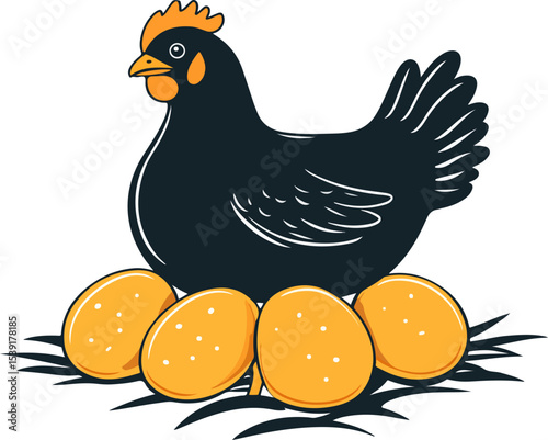 illustration of hen sitting on eggs in nest