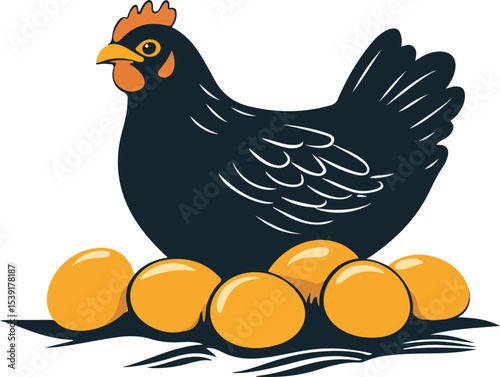 illustration of hen sitting on eggs in nest