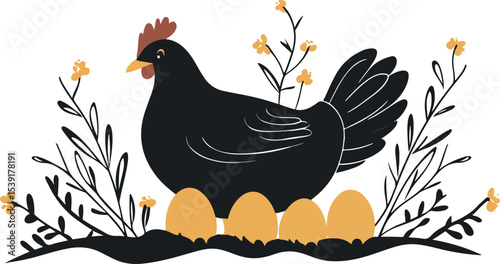 illustration of hen sitting on eggs in nest