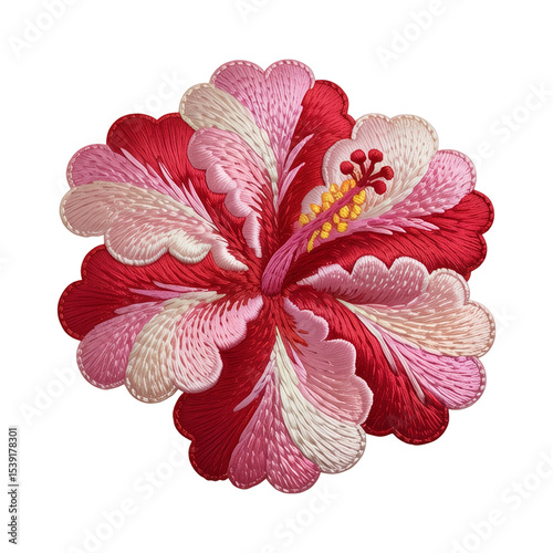A vivid hibiscus flower is depicted, featuring shades of red and pink with intricate embroidery details