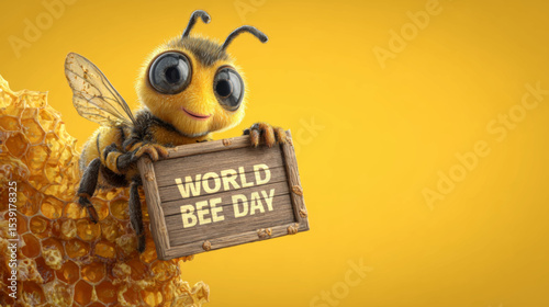 Cute Cartoon Bee Holding World Bee Day Sign with Honeycomb on Yellow Vector Background