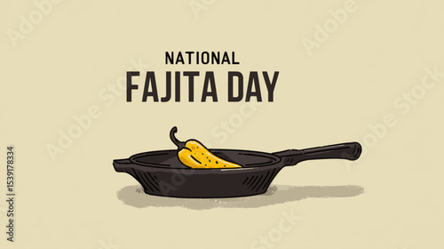 Minimal Vector Illustration of Yellow Pepper in Skillet for National Fajita Day Celebration Banner