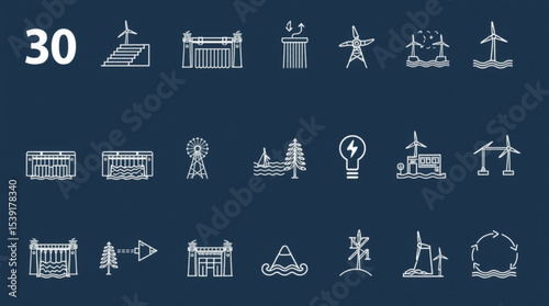 Illustration of various renewable energy sources and environmental sustainability icons in white lines created with generated ai